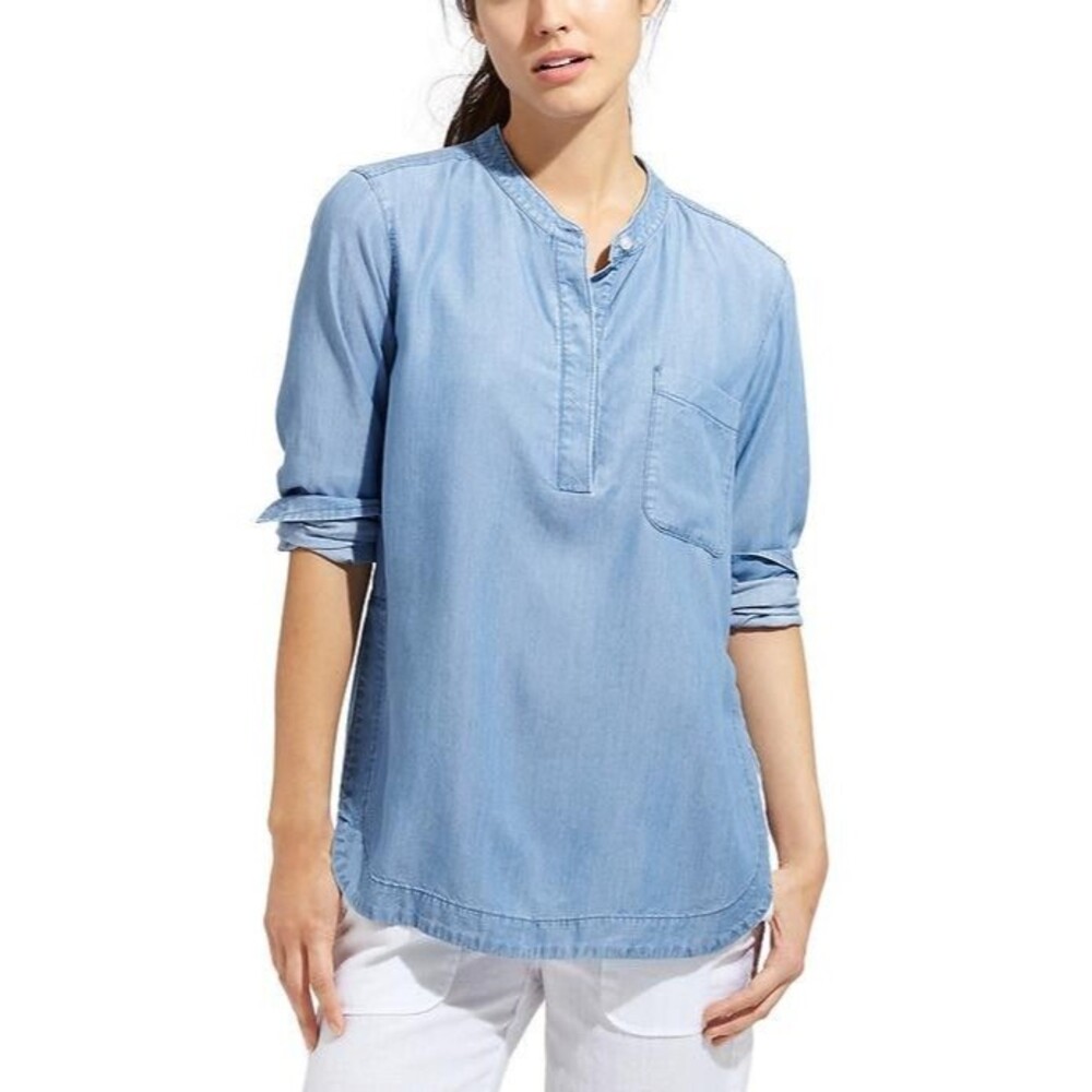 Athleta Henley Popover Tunic Shirt Womens Medium Blue Tencel Lightweight Chambra